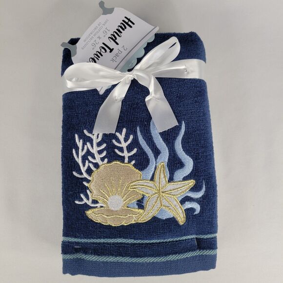 Set 2 Blue Bathroom Hand Towels Beach Embroidered Gold Starfish Shells Nautical - Picture 2 of 11
